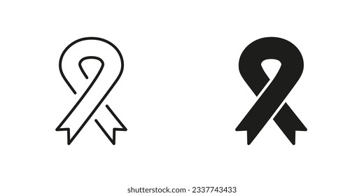 Línea de bucle de cinta de cáncer y conjunto de iconos negros de silueta. Apoyar a las personas con cáncer. Colección de símbolos del Día de Concienciación sobre el Vih. Pictograma de campaña de esperanza, tolerancia, solidaridad. Ilustración de vectores aislados.