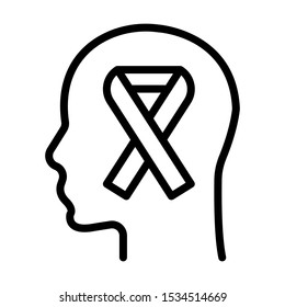 Cancer ribbon placed in the middle of head shape. Simple design. Line vector. Isolate on white background.