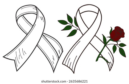 Cancer ribbon with red rose and green leaf. White ribbon, symbol of lung cancer and osteoporosis awareness. White Ribbon Alliance for Safe Motherhood isolated on white background