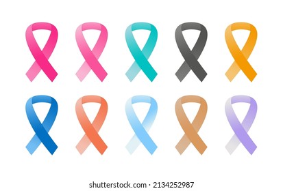 Cancer Ribbon. Set of different color ribbon on white background. Awareness Ribbons - Set of realistic vector awareness ribbons.  World Cancer Day.