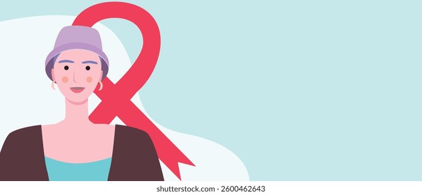 Cancer ribbon as a symbol of cancer control and patient, flat vector stock illustration with cancer patient and ribbon as a sign, copy space template for design