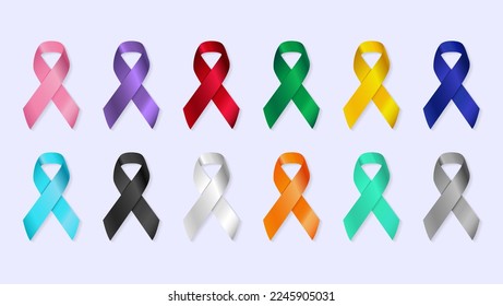 Cinta de cáncer. Aspecto 3d del gradiente vectorial Con bandas de color diferentes. Día Internacional del Cáncer, Día Mundial del Cáncer. Adecuado para banners, carteles, pegatinas, impresión de pantalla, tarjetas, etc.