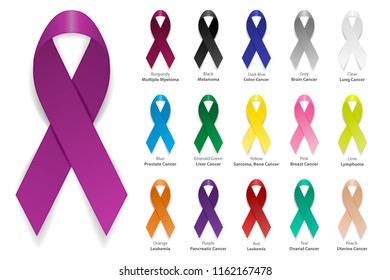 Cancer Ribbon. Vector realistic 3d awareness ribbon different color set closeup isolated on white background. International Day of cancer, World Cancer Day. Design template for graphics