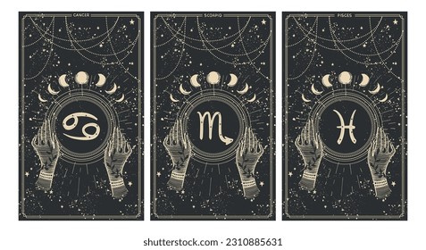 Cáncer, escorpión, orina, señales astrológicas de agua del zodiaco sobre un fondo negro, un conjunto de tarjetas vintage para historias, banner boho con símbolos de horóscopo. Ilustración vectorial moderna.