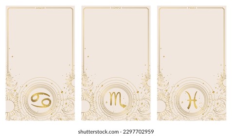 Cancer, scorpio, pisces, water zodiac astrological signs, set of vintage cards with copy space for text, boho banner in natural colors with golden horoscope symbols. Modern aesthetic vector illustrati