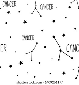 Cancer. Seamless pattern with zodiac sign, stars and constellations. Simle minimalistic hand drawn astrological vector texture for textile, fabric, paper. Black and white, monochrome background. 