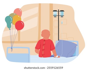 Cancer sick little child sitting on hospital ward decorated with birthday balloons view from back scene. Charity, support and care of children struggling with oncology illness vector illustration