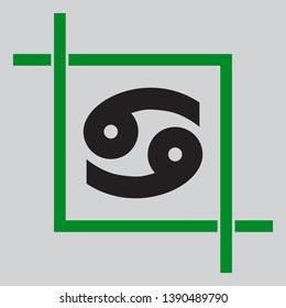 Cancer sign illustration. Black icon inside green crop tool at light gray background