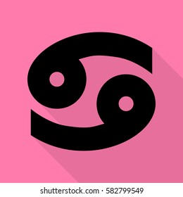 Cancer sign illustration. Black icon with flat style shadow path on pink background.