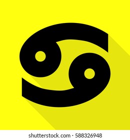 Cancer sign illustration. Black icon with flat style shadow path on yellow background.