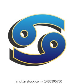Cancer sign illustration. Blue icon with gold contour with dark gray shadow at white background. Illustration.
