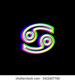 Cancer sign illustration. Red, green and blue unfocused contour icon at black background. Illustration.