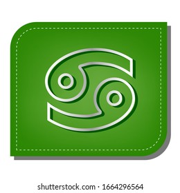Cancer sign illustration. Silver gradient line icon with dark green shadow at ecological patched green leaf. Illustration.