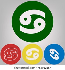 Cancer sign illustration. Vector. 4 white styles of icon at 4 colored circles on light gray background.