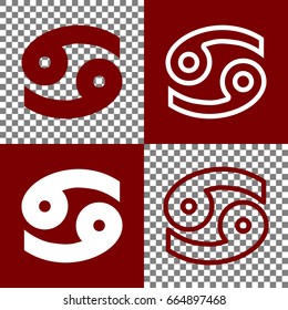 Cancer sign illustration. Vector. Bordo and white icons and line icons on chess board with transparent background.