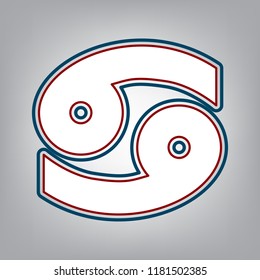 Cancer sign illustration. Vector. Dark red, transparent and midnight green stroke of white icon at grayish background.