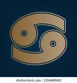 Cancer sign illustration. Vector. Golden icon and border at dark cyan background.