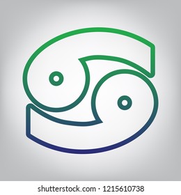 Cancer sign illustration. Vector. Green to blue gradient contour icon at grayish background with light in center.
