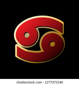 Cancer sign illustration. Vector. Red icon with small black and limitless shadows at golden sticker on black background.