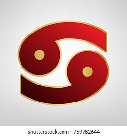 Cancer sign illustration. Vector. Red icon on gold sticker at light gray background.