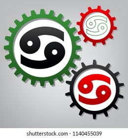 Cancer sign illustration. Vector. Three connected gears with icons at grayish background.