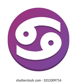 Cancer sign illustration. Vector. White icon with flat shadow on purpureus circle at white background. Isolated.