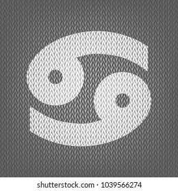 Cancer sign illustration. Vector. White knitted icon on gray knitted background. Isolated.