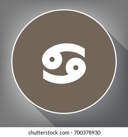 Cancer sign illustration. Vector. White icon on brown circle with white contour and long shadow at gray background. Like top view on postament.
