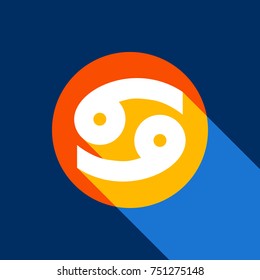 Cancer sign illustration. Vector. White icon on tangelo circle with infinite shadow of light at cool black background. Selective yellow and bright navy blue are produced.