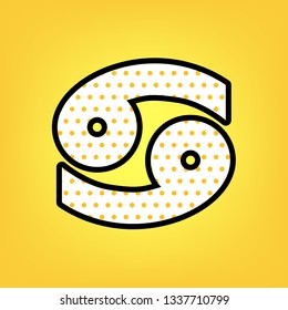 Cancer sign illustration. Vector. Yellow polka dot white icon with black contour at warm yellow background.