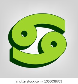 Cancer sign illustration. Vector. Yellow green solid icon with dark green external body at light colored background.