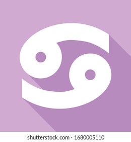Cancer sign illustration. White Icon with long shadow at purple background. Illustration.