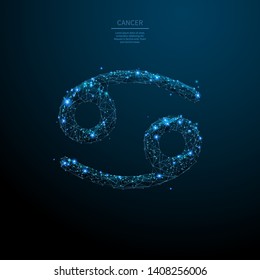 Cancer sign low poly wireframe poster template. Astrological calendar, horoscope. Mesh art constellation. 3d cancer zodiac symbol. Polygonal illustration with connected glowing dots and polygon lines