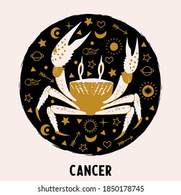Cancer is a sign of the zodiac. Horoscope and astrology. Vector hand drawn illustration in a flat style.