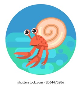 Cancer in sink. Little landscape. Underwater life. Wild animals. Ocean, sea. Summer water. Isolated on white background. Illustration in cartoon style. Flat design. Vector art.