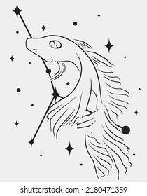 Cancer star constellation with line art fish. Simple vector art. Magical black and white artwork.