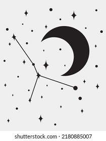 Cancer star constellation with moon and stars. Simple minimalistic magical vector art.