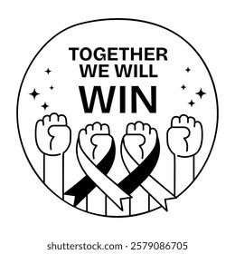 Cancer supporters arms with together we will win text, glyph sticker 