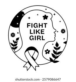 Cancer survivor woman silhouette with fight like girl text, glyph sticker 