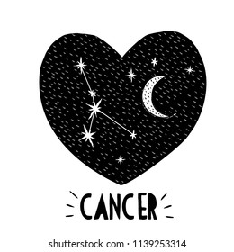 Cancer Symbol.Naive Hand Drawn Zodiac Vector Illustration. Black Heart on a White Background. Black and White Stars and Moon. Starry Night Sky with Moon and Cancer Sign in the Middle of Black Heart. 