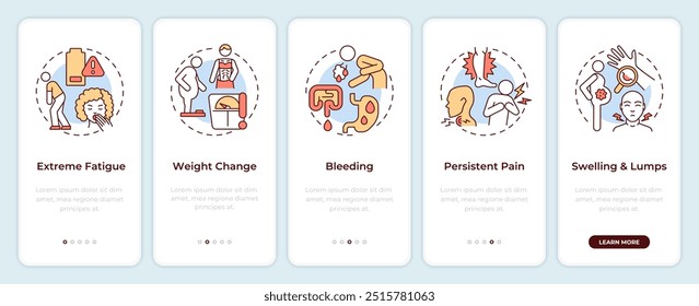 Cancer symptoms onboarding mobile app screen. Oncology walkthrough 5 steps editable graphic instructions with linear concepts. UI, UX, GUI template