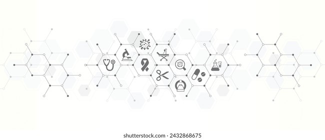 Cancer treatment banner with the website icons and symbol of surgery diagnostics chemotherapy and cancer research vector illustration with technology background