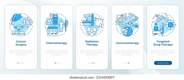 Krebsbehandlung blau Onboarding mobilen App-Bildschirm. Exemplarische Vorgehensweisen 5 Schritte bearbeitbare grafische Anweisungen mit linearen Konzepten. UI, UX, GUI-Vorlage