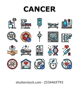 cancer treatment chemotherapy icons set vector. immunotherapy, radiotherapy surgery, oncology biopsy, remission metastasis, tumor cancer treatment chemotherapy color line illustrations