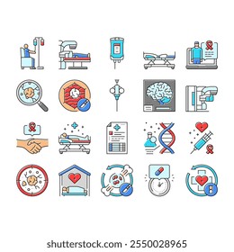 cancer treatment chemotherapy icons set vector. immunotherapy, radiotherapy surgery, oncology biopsy, remission metastasis, tumor cancer treatment chemotherapy color line illustrations