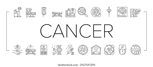 cancer treatment chemotherapy icons set vector. immunotherapy, radiotherapy surgery, oncology biopsy, remission metastasis, tumor cancer treatment chemotherapy black contour illustrations