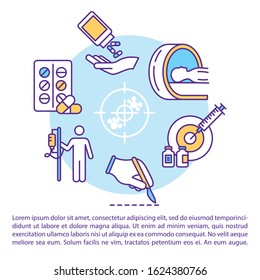 Cancer treatment concept icon with text. Chemotherapy and surgery. PPT page vector template. Oncology drug therapy. Radiotherapy. Brochure, magazine, booklet design element with linear illustrations