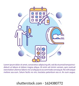 Cancer treatment concept icon with text. Radiotherapy. Chemotherapy and surgery. PPT page vector template. Oncology drug therapy. Brochure, magazine, booklet design element with linear illustrations