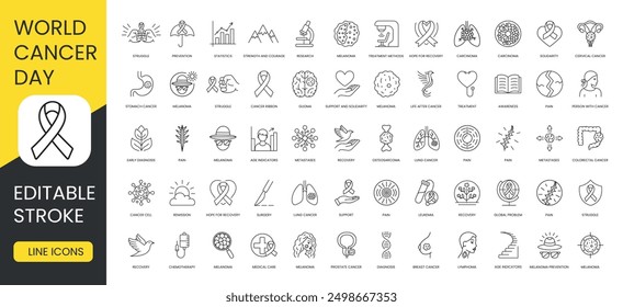 Cancer treatment and diagnosis, world cancer day line icon set vector with editable stroke, age indicators and awareness, ribbon and carcinoma, chemotherapy and diagnosis, glioma and global problem