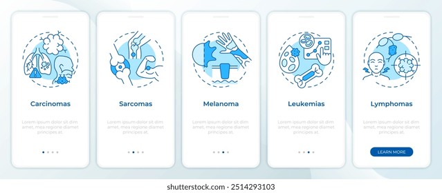 Pantalla de App móvil de incorporación de tipos de cáncer azul. 5 pasos de instrucciones gráficas editables con conceptos lineales. PLANTILLA UI, UX, GUI